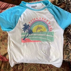 Lands end girls rash guard swim top with dolphin,palm tree, and rainbow detail